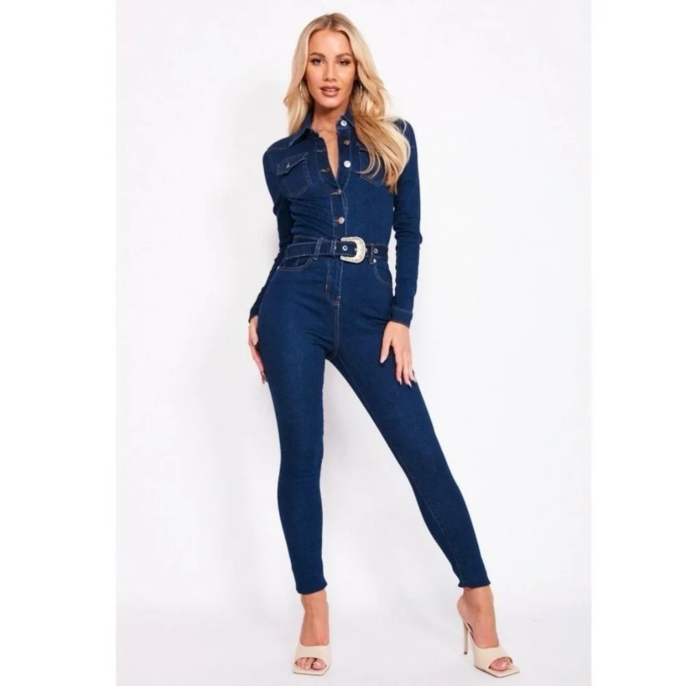 Blue Denim Jeans Long Sleeve Belted Bodycon Jumpsuit Playsuit - Picture 9 of 13